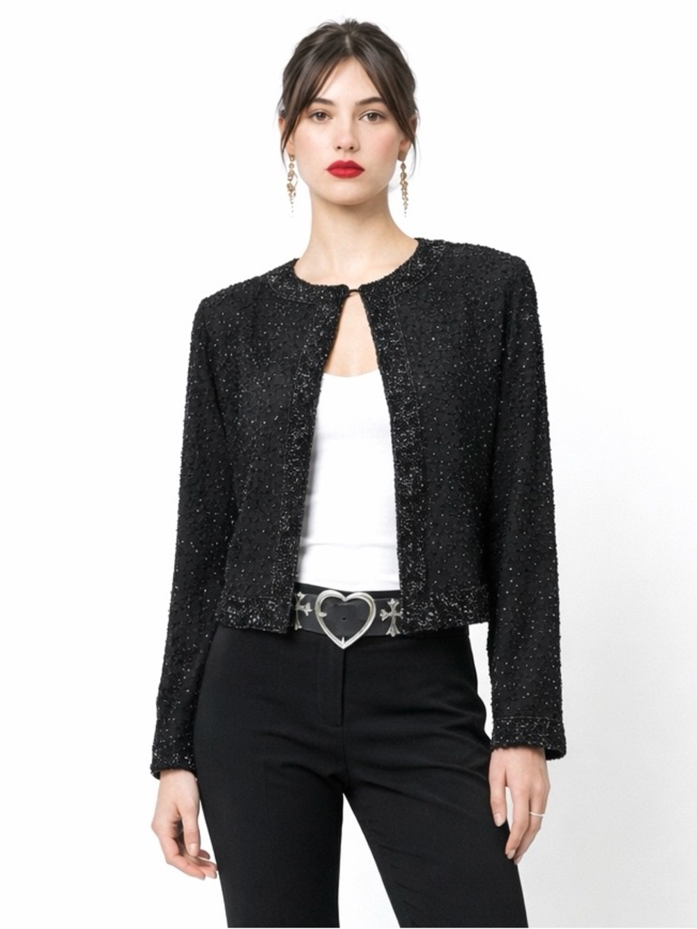 Vintage Stenay Beaded Sequin Jacket Petite M Black Silk Whimsigoth Evening